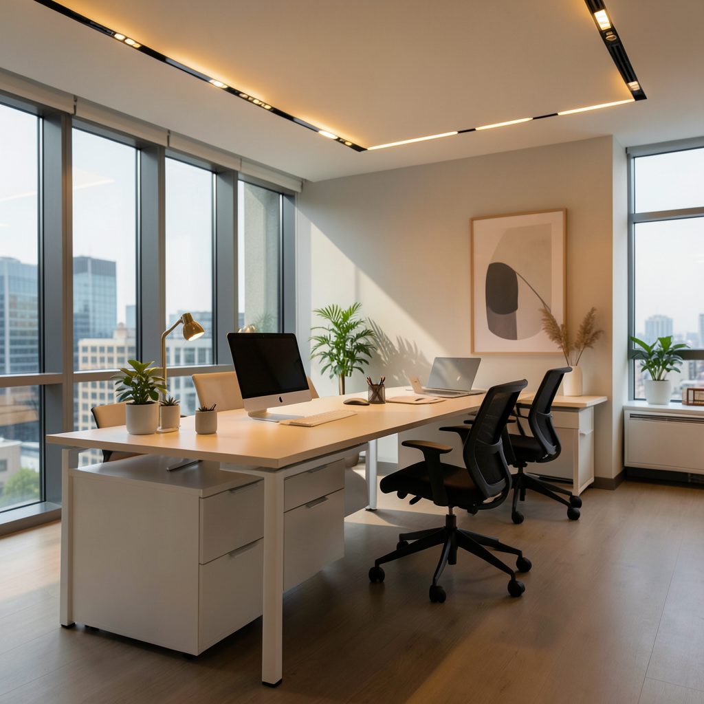 Clean modern office workspace with warm amber accent lighting and soft shadows, calm professional atmosphere
