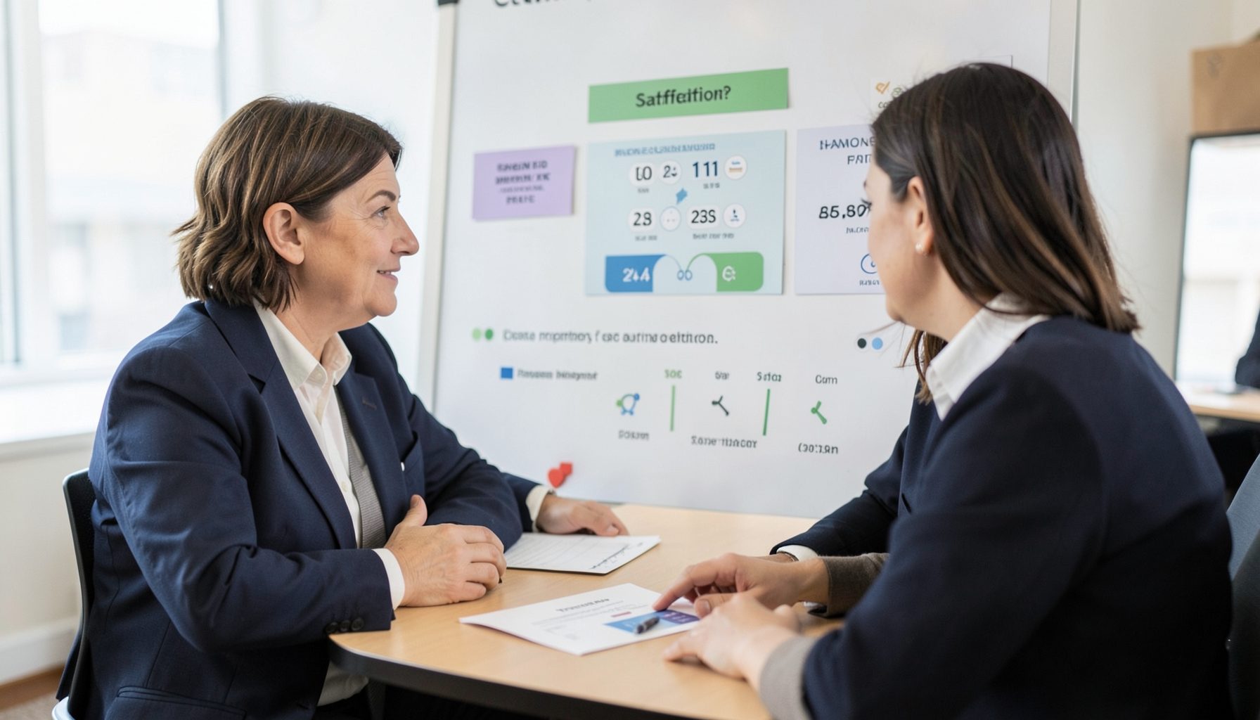 Client testimonial review session with positive feedback cards and satisfaction metrics on display