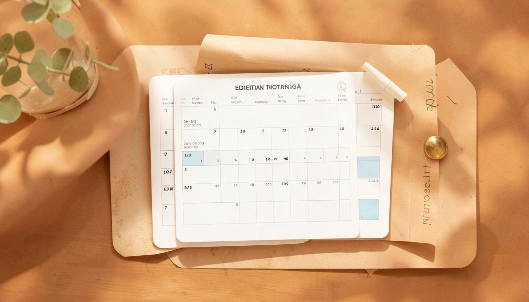 Content marketing workspace with editorial calendar and brand storytelling elements in warm tones