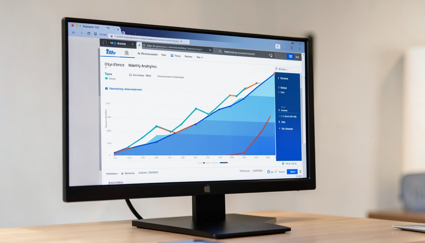 Digital marketing analytics displayed on a large monitor with graphs showing upward trends