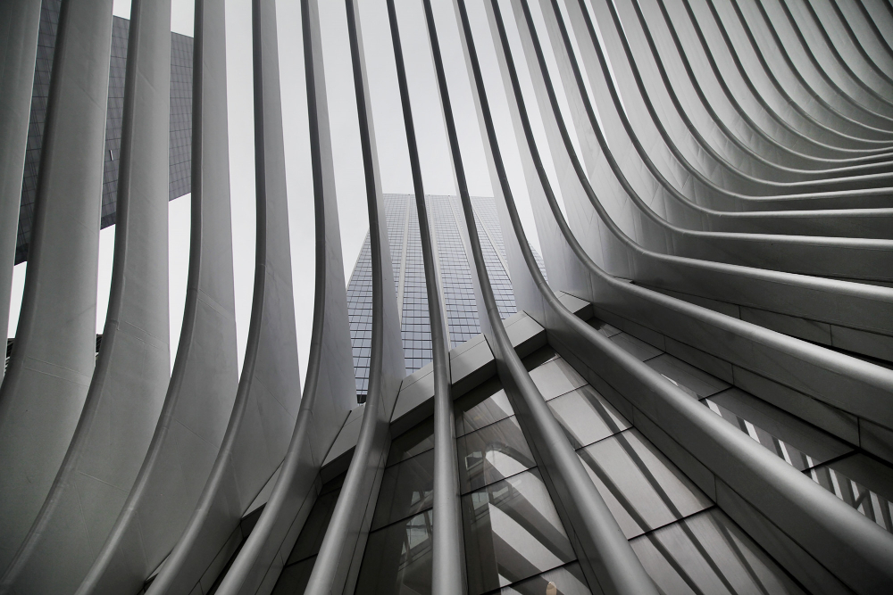 Upward view of curved architectural ribs of a building against a skyscraper and grey sky, monochrome tones