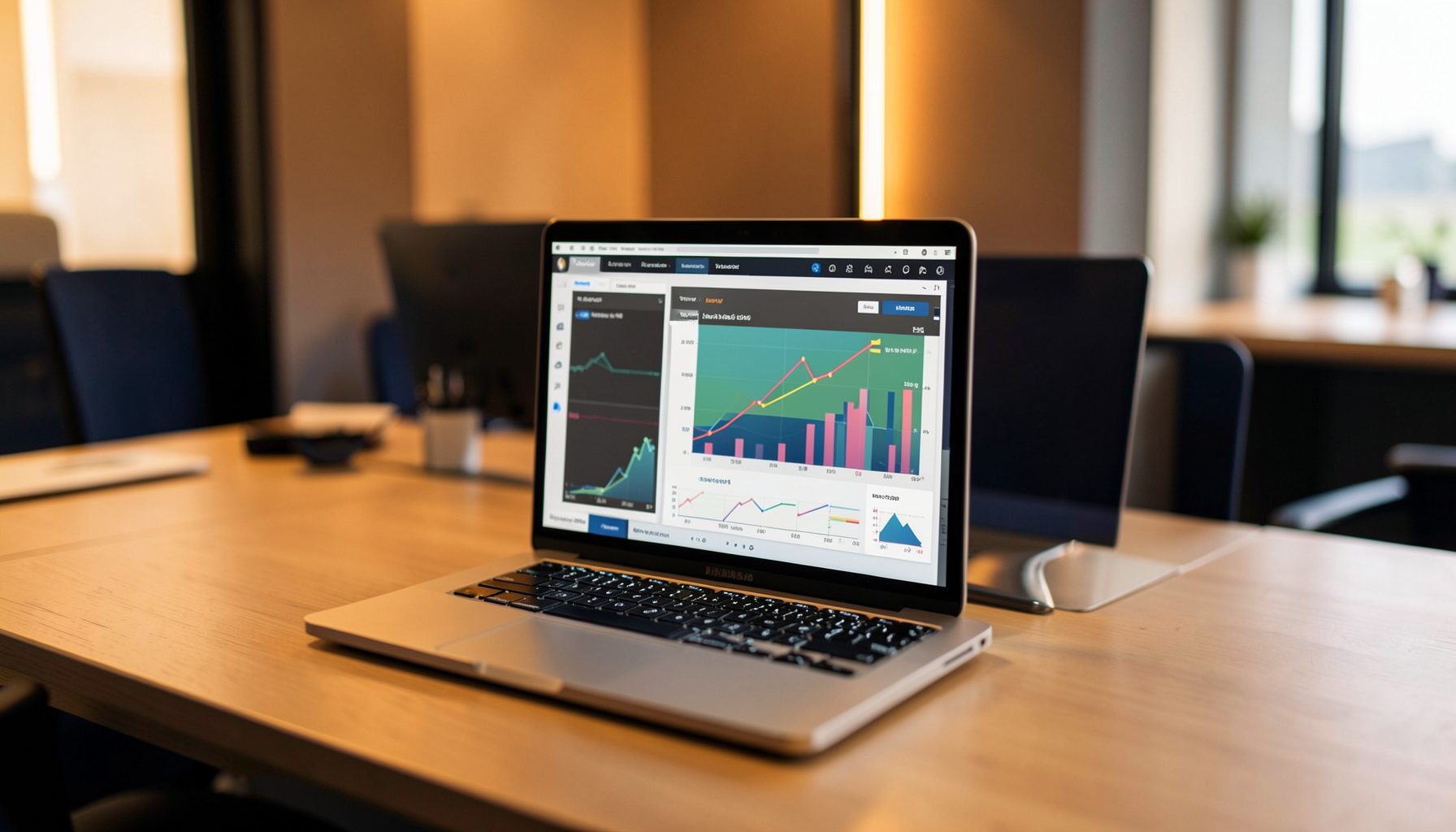 Modern office workspace with a laptop displaying analytics charts, warm amber and navy accents