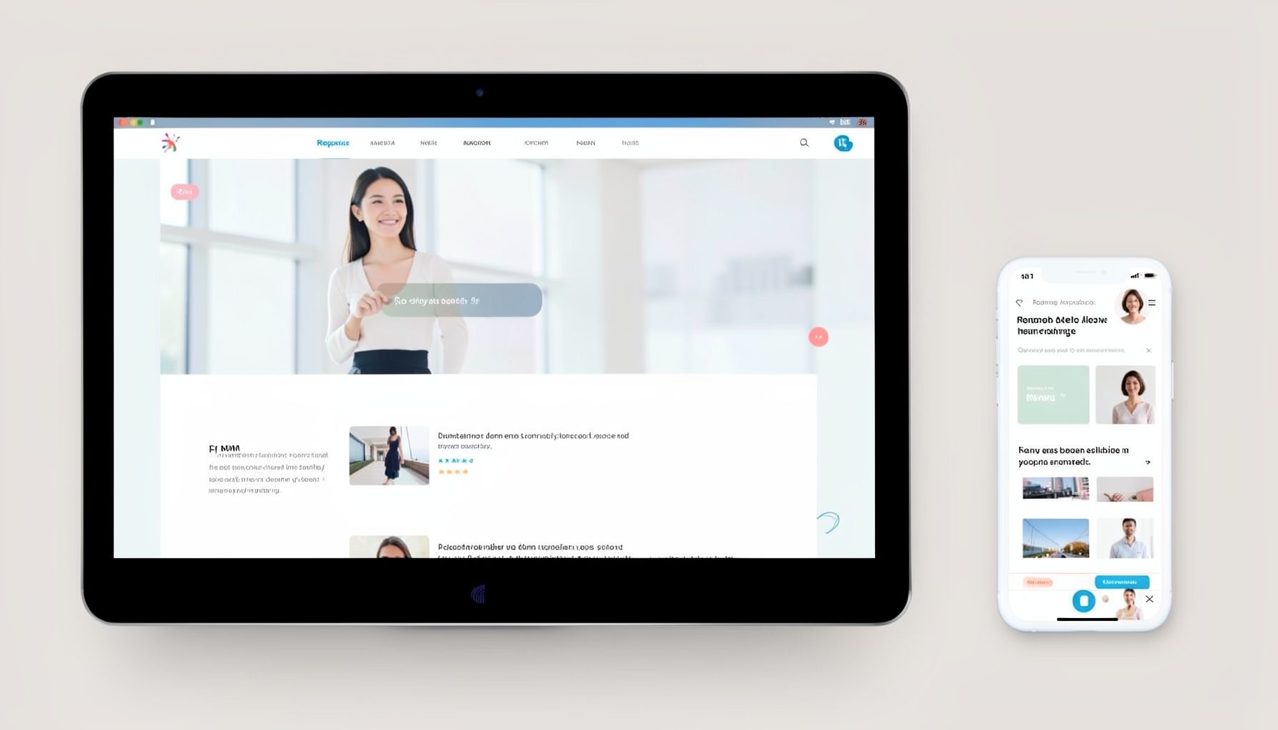 Responsive website layouts displayed across desktop and mobile screens, clean modern design aesthetic