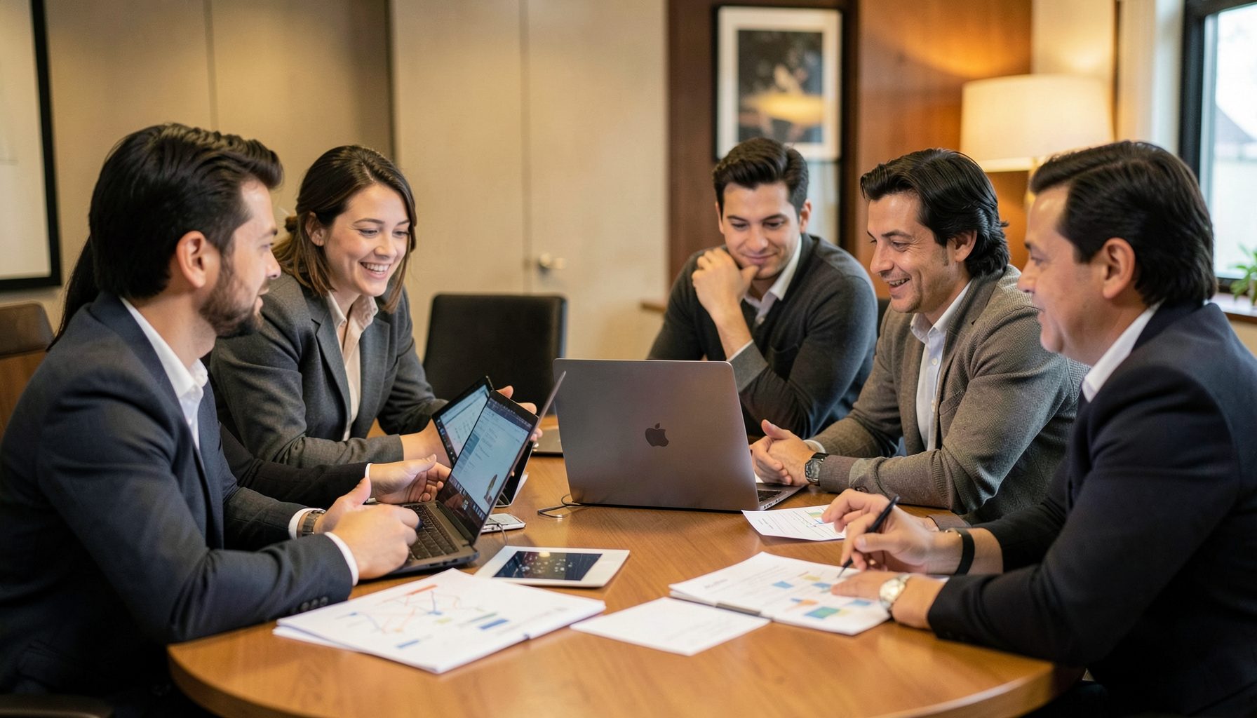 Team collaborating around a table with laptops and strategy documents, warm professional lighting