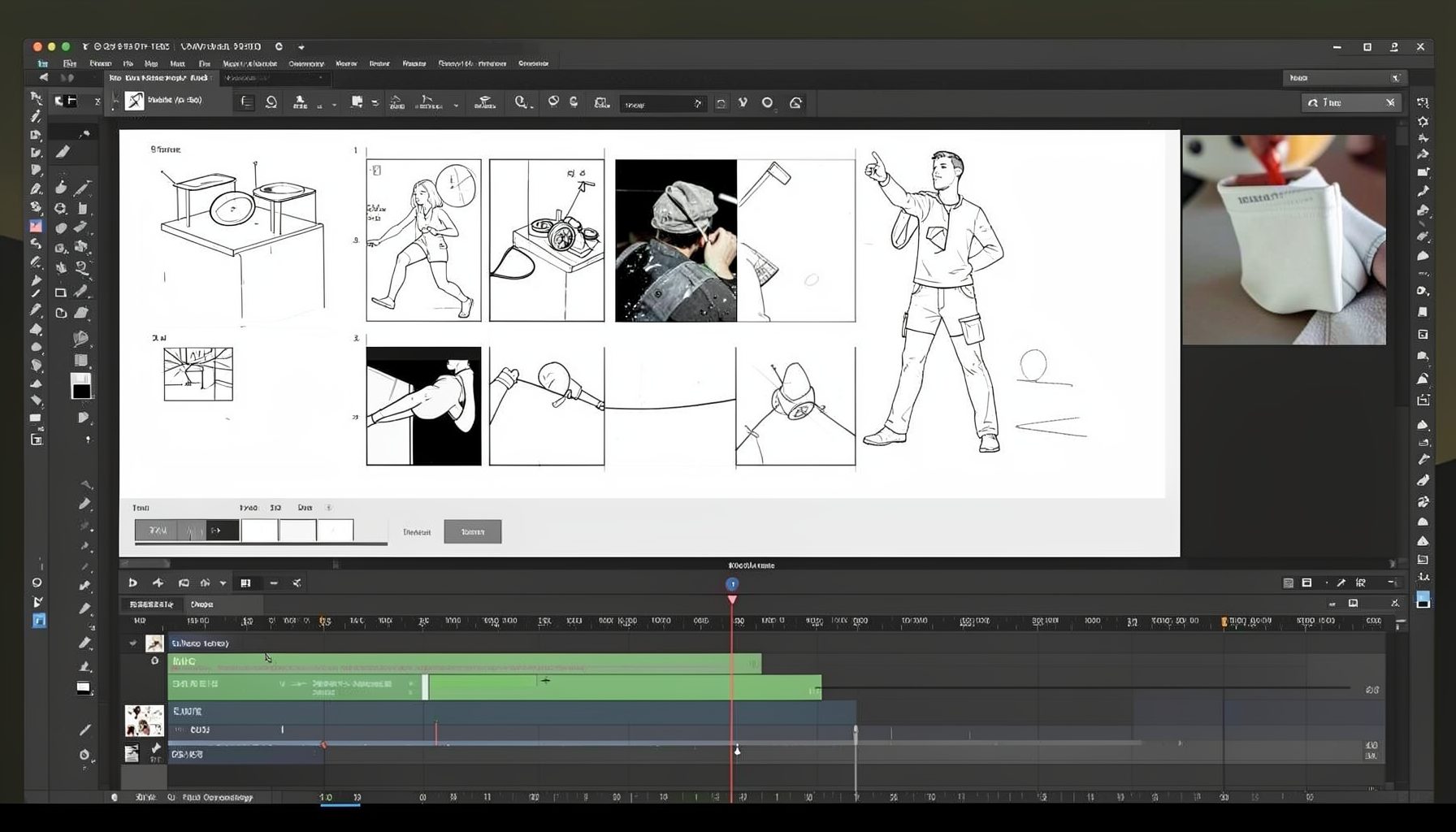 Video production setup with storyboard frames and editing timeline, creative marketing atmosphere